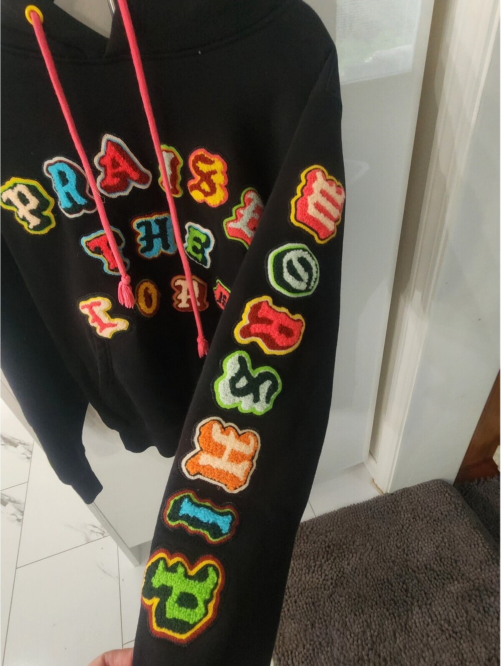 Black Hoodie worship Praise  Embroidered Letters and Pink Drawstring - Picture 3 of 3
